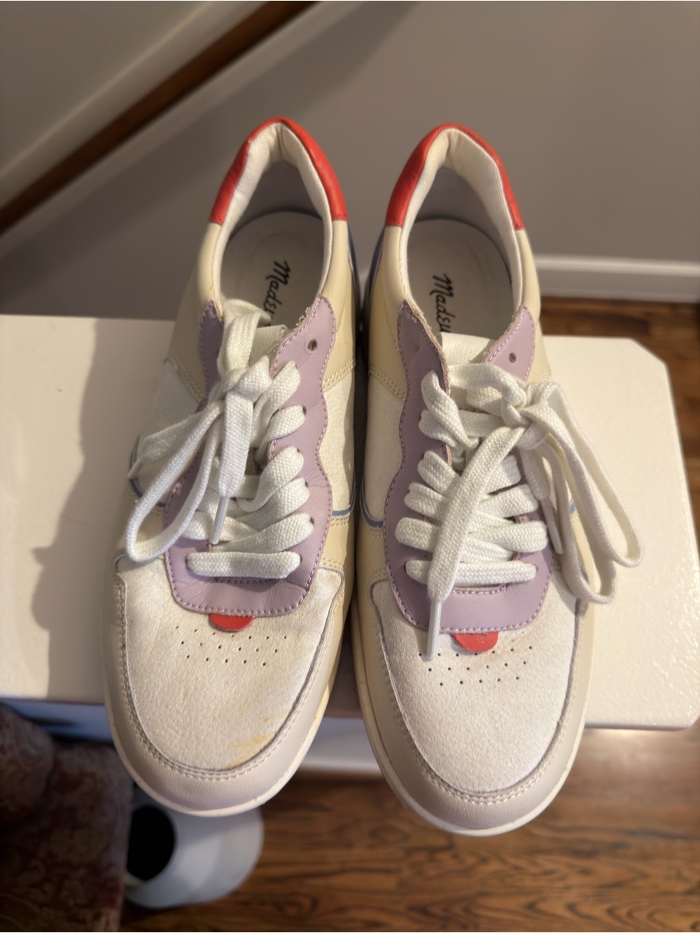 Madewell Court White Sneakers Lavender Panels and Coral Heel  size 8.5